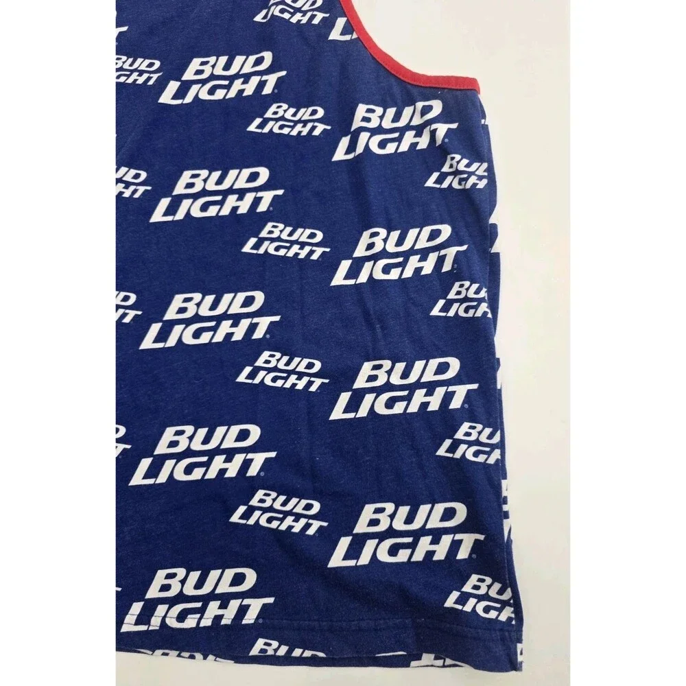 Bud Light Beer Men's Tank Top All Over Print Logo Blue Red Trim Size XL 46/48